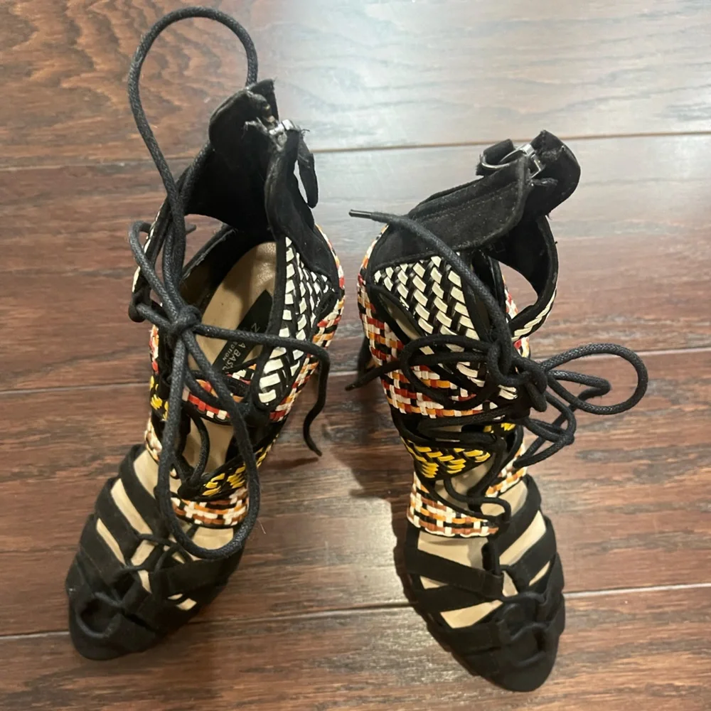 ZARA Women Lace Up Heels Black Aztec Woven Stilettos Sandals Size 36 /5.5